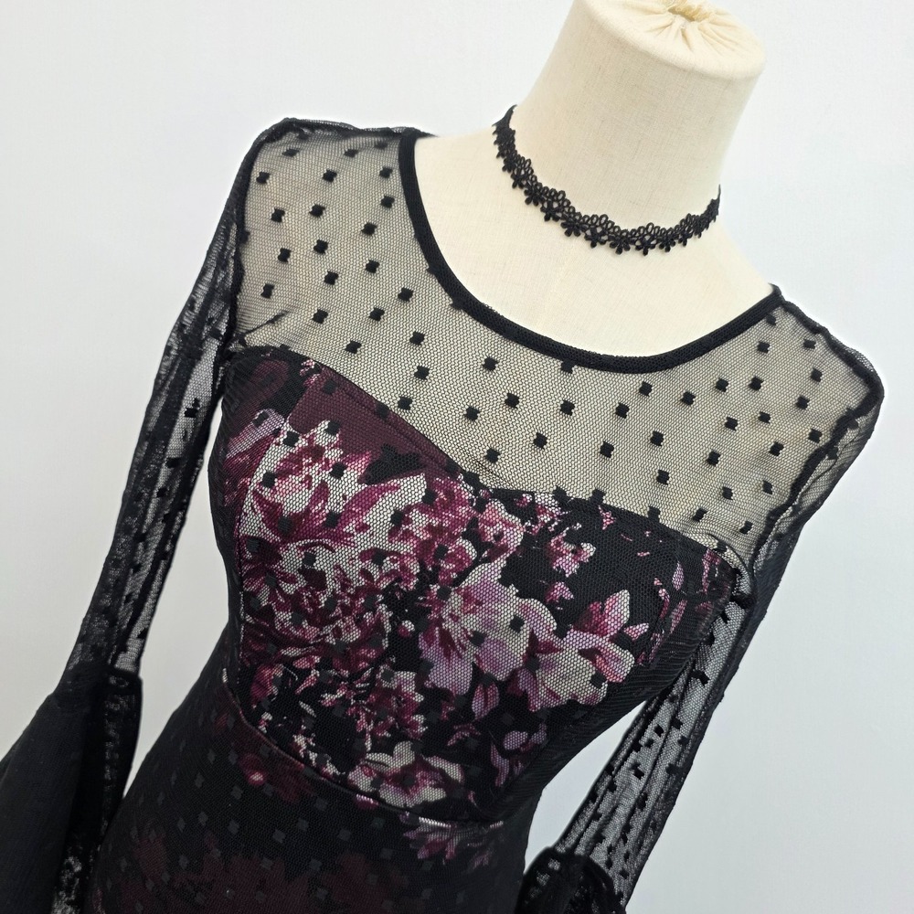 Venus Womens 4 Black Mesh‎ Floral Bodycon Dress Sheer Bell Sleeve Whimsigoth - Picture 5 of 16